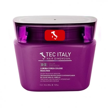 Tec Italy: Red (Rojo) Lumina Forza Color Mask (9.87 oz), comes in a sqaure tub container with elegant curves containing rich color pigments inside that revitalize you hair color.
