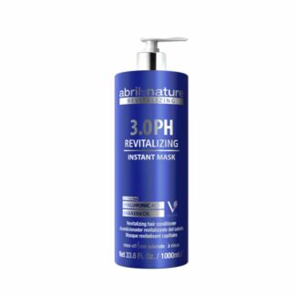 A professional hair care product in a shiny deep blue bottle with text that reads: abril et nature, 3.0PH Revitalizing Instant Mask