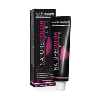 A professional hair color product in a black tube in front of a black box containing hair dye pigment, with the white and pink text that reads: NatureColor Plex by abril et nature.