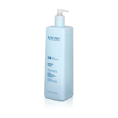 Tec Italy Shampoo Totale (Liter) in a tall light blue bottle with a pump for easy dispensing. A part of Tec Italy's Heal Dimension for revitalizing hair.