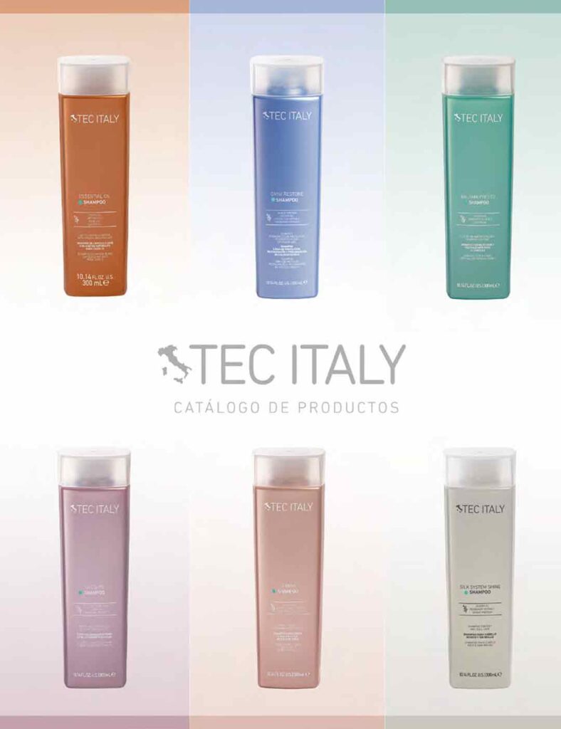 The New Tec Italy products in their redesigned, colorful pastel, and shiny packages showing the top products from each category that targets specific hair results.