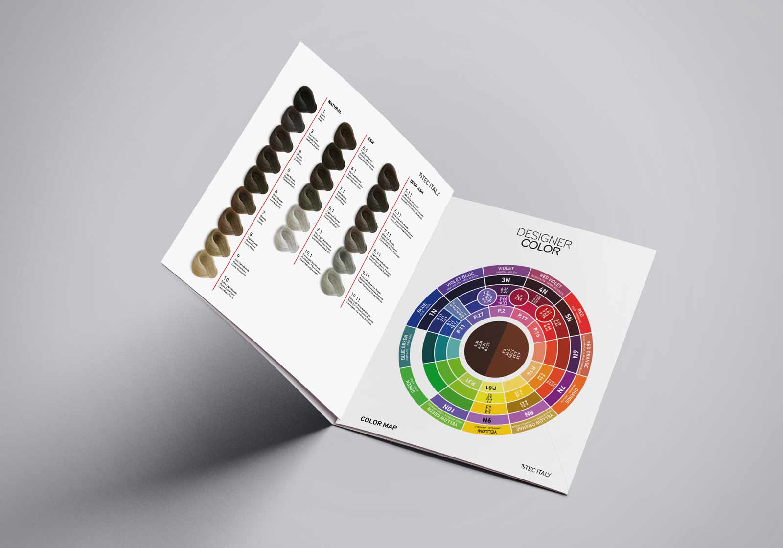 All white open book showcasing the hair color swatches on the left and the color wheel on the right for the the new Tec Italy Designer Color Gama, launched in 2021.